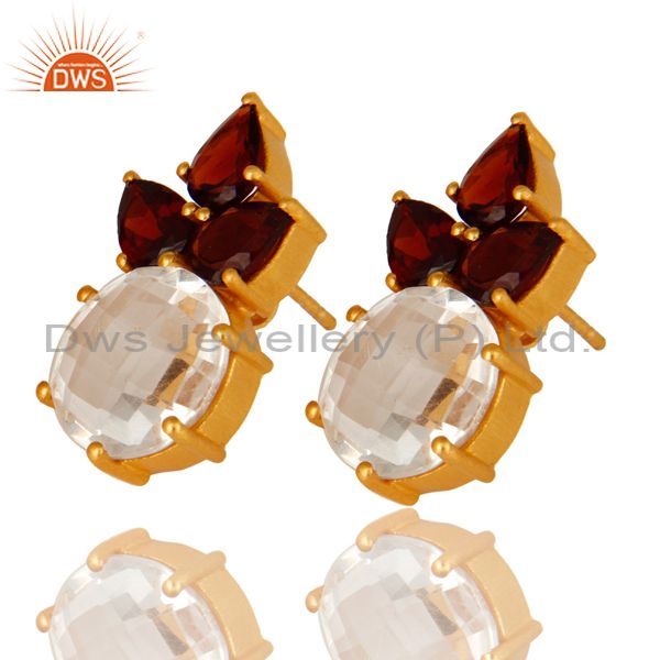 Wholesalers 14K Yellow Gold Plated Sterling Silver Garnet And Crystal Quartz Stud Earrings