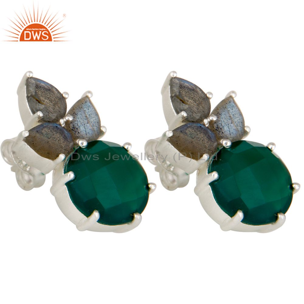 Wholesalers 925 Sterling Silver Green Onyx And Labradorite Prong Set Gemstone Stud Earrings