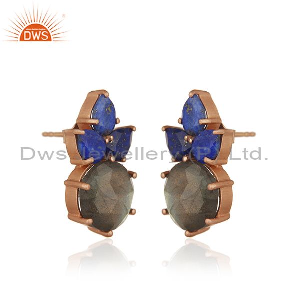 Exporter Labradorite Gemstone 925 Silver Rose Gold Plated Stud Earrings Manufacturer