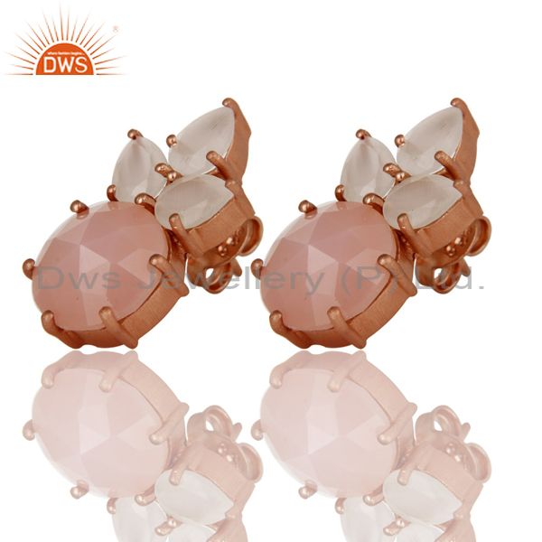 Wholesalers 18K Rose Gold Plated Silver White Moonstone And Rose Chalcedony Stud Earrings