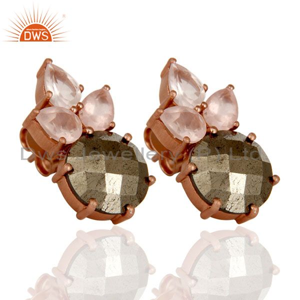 Wholesalers 18K Rose Gold Plated Sterling Silver Pyrite And Rose Quartz Post Stud Earrings