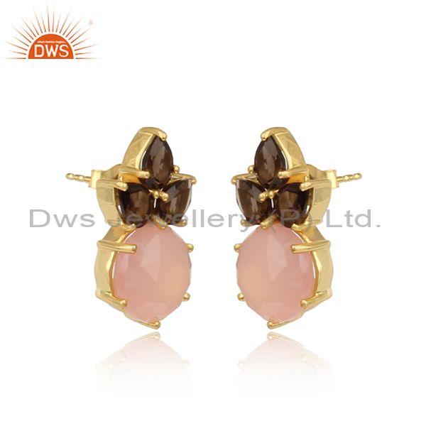 Floral gold plated silver earring with rose chalcedony and smoky