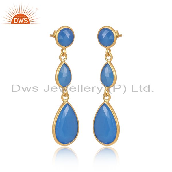Wholesalers Blue Aqua Chalcedony Faceted Gemstone Dangle Earrings In 18K Gold Over Sterling