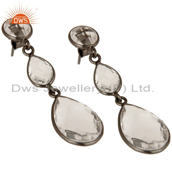 Wholesalers Oxidized Solid Sterling Silver Crystal Quartz Gemstone Bezel Set Dangle Earrings