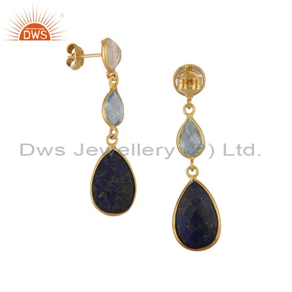 Wholesalers Lapis Blue Topaz and Crystal Gemstone Dangle Earring 18K Gold Over 925 Silver