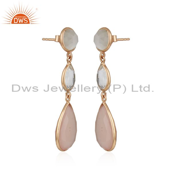 Exporter 18K Rose Gold Plated Silver Crystal Quartz And Rose Chalcedony Drop Earrings