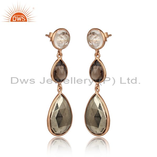 18K Gold Plated Sterling Silver Crystal, Smoky Quartz And Pyrite Drop Earrings