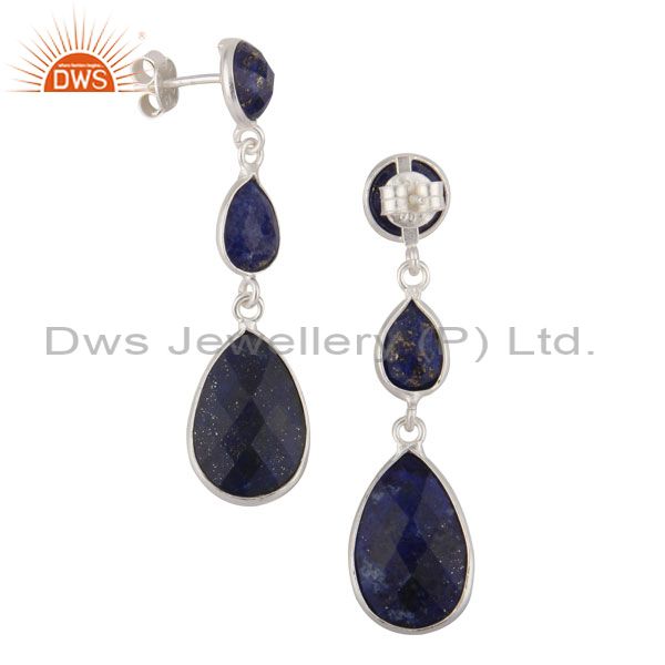 Exporter 925 Sterling Silver Lapis Lazuli Bezel Set Triple Gemstone Dangle Earrings