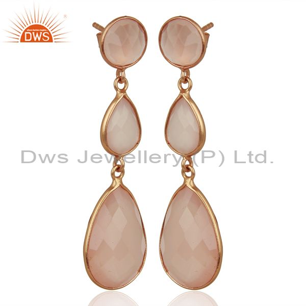 Exporter 18K Rose Gold Plated Sterling Silver Rose Chalcedony Triple Drop Earrings