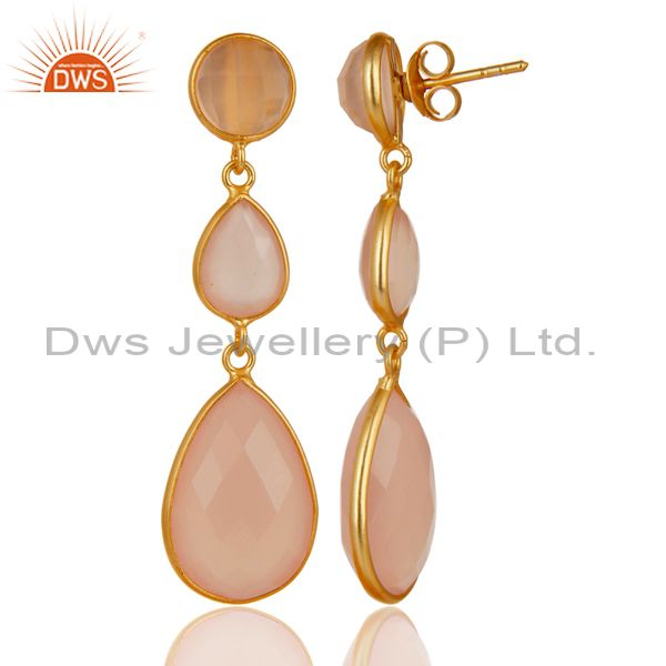 Wholesalers Gold Plated 925 Silver Faceted Dyed Rose Chalcedony Bezel-Set Dangle Earrings