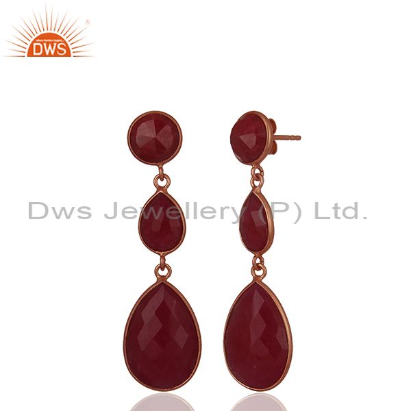 Suppliers 18K Rose Gold Plated Sterling Silver Faceted Ruby Gemstone Triple Drop Earrings