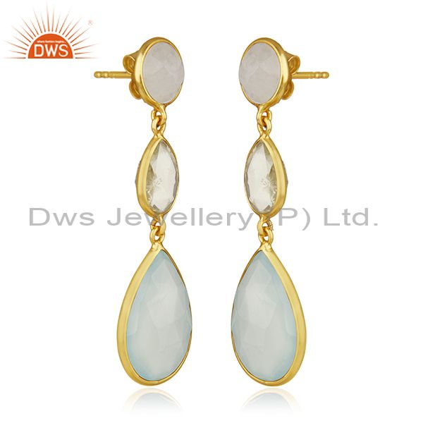 Exporter Bezel Set Multi Gemstone 925 Silver Gold Plated Dangle Earring for Womens