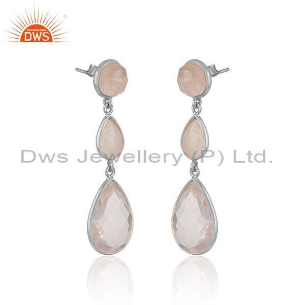 Handmade double drop earring in fine silver with rose quartz