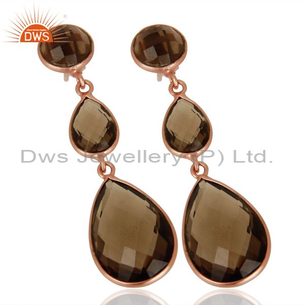 Suppliers 18K Rose Gold Plated Sterling Silver Faceted Smoky Quartz Triple Drop Earrings