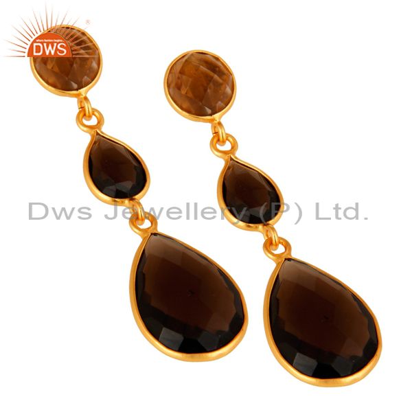 Wholesalers Natural Smoky Quartz Faceted Bezel Set Teardrop Earrings In Gold Plated Silver