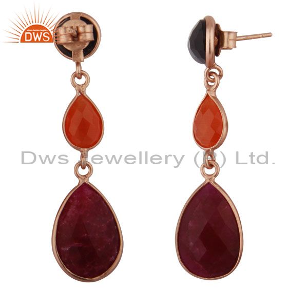 Suppliers 18K Rose Gold Plated Silver Dyed Ruby, Moonstone And Smoky Triple Drop Earrings
