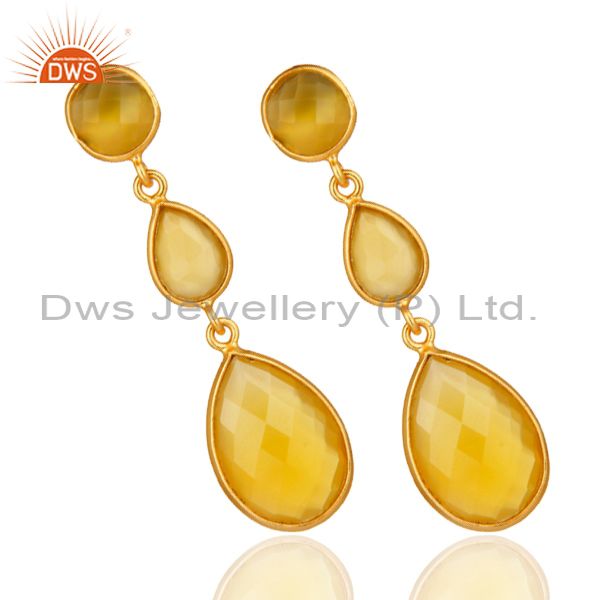 Suppliers 18K Gold Plated Sterling Silver Yellow Chalcedony Triple Stone Bezel Set Earring