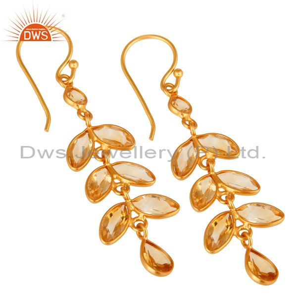 Wholesalers 18K Yellow Gold Plated Sterling Silver Citrine Gemstone Leaf Dangle Earrings