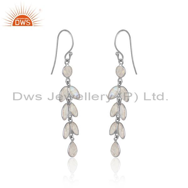 Designer leaf dangle earring in silver with rainbow moonstone