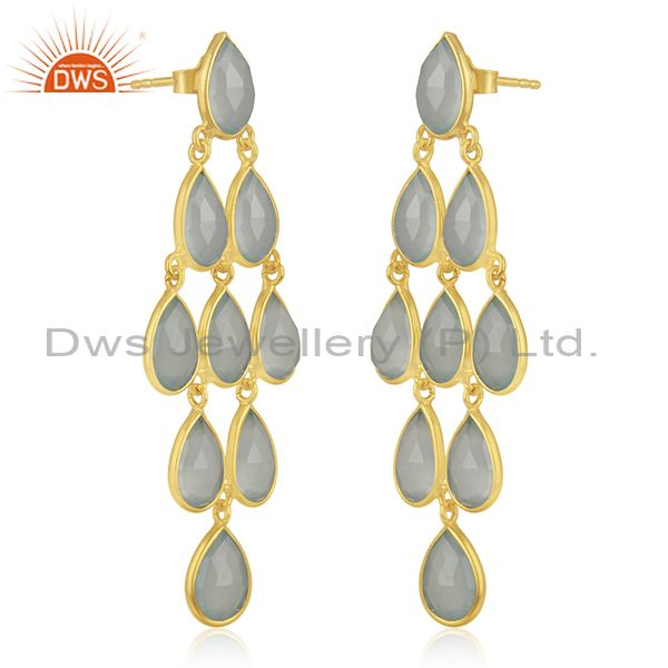 Exporter Aqua Chalcedony Gemstone Gold Plated 925 Silver Earring Manufacturers