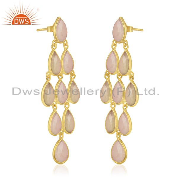 Exporter Handmade Gold Plated 925 Silver Rose Chalcedony Gemstone Dangle Earring Supplier