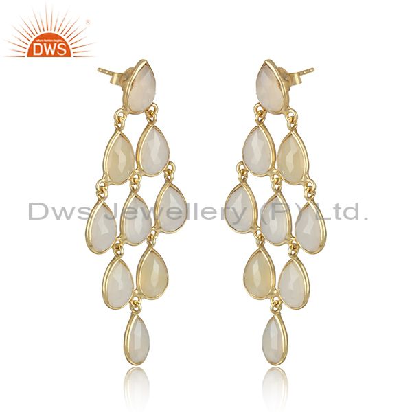 White chalcedony gemstone designer gold plated silver earrings