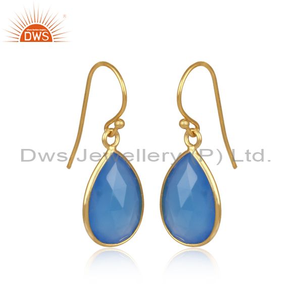 Wholesalers 18K Gold Plated Sterling Silver Bezel-Set Chalcedony Faceted Gemstone Earrings