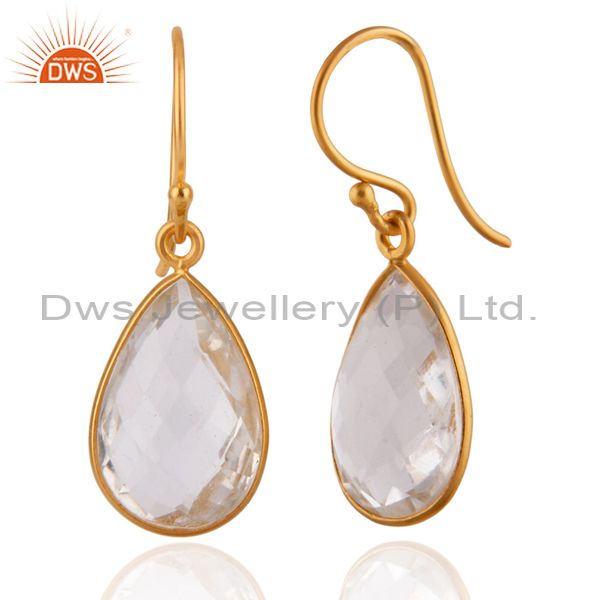 Suppliers 22K Yellow Gold Plated Sterling Silver Crystal Quartz Bezel Set Drop Earrings