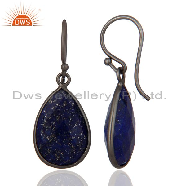 Exporter Black Rhodium Plated Sterling Silver Faceted Lapis Lazuli Bezel Set Drop Earring