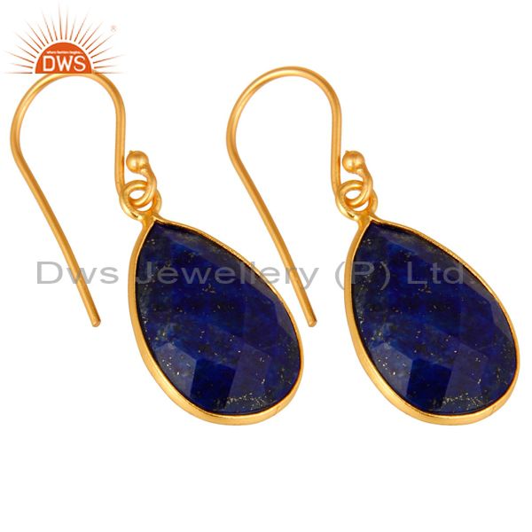 Exporter 18K Yellow Gold Plated Sterling Silver Lapis Lazuli Faceted Bezel Drop Earrings