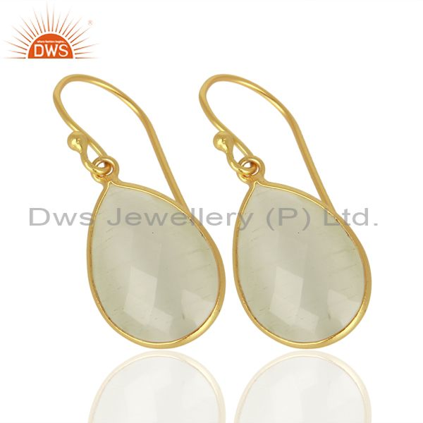 Exporter 14K Yellow Gold Plated Sterling Silver White Moonstone Bezel Set Drop Earrings