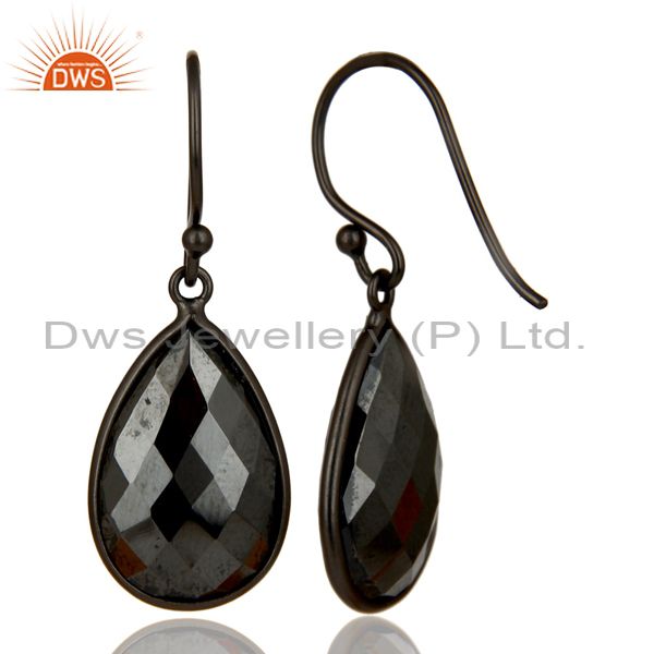 Exporter Black Rhodium Plated Sterling Silver Faceted Pyrite Bezel Set Drop Earrings