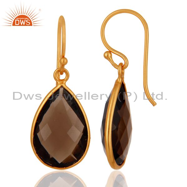 Suppliers Smoky Quartz Faceted Gemstone Sterling Silver Dangle Earrings With Gold Plated