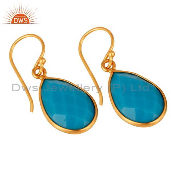 Exporter 18K Yellow Gold Plated Sterling Silver Faceted Turquoise Bezel Teardrop Earrings