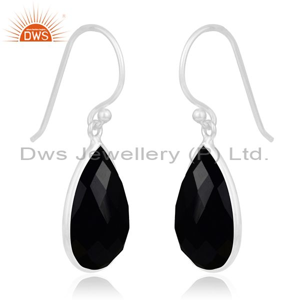 Exporter 925 Sterling Silver Faceted Black Onyx Gemstone Bezel Set Dangle Earrings