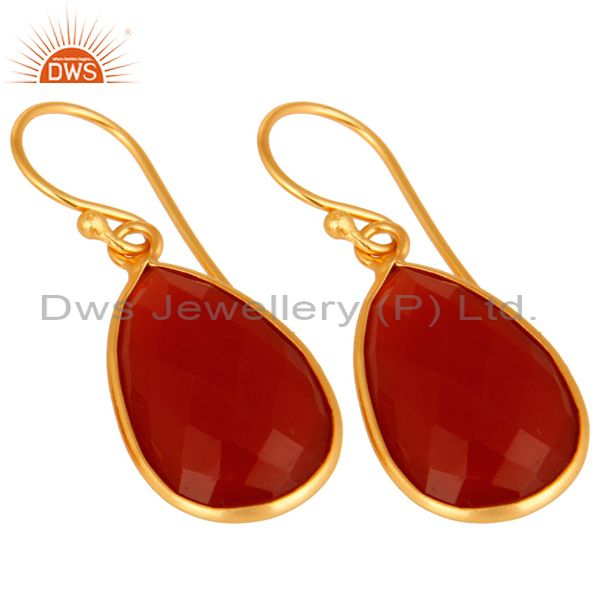 Wholesalers Natural Red Onyx Gold Plated Sterling Silver Bezel-Set Gemstone Drop Earrings