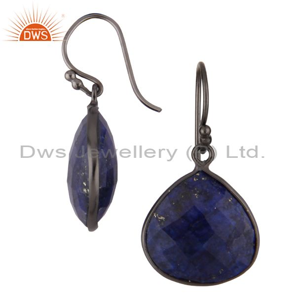 Exporter 925 Sterling Silver Oxidized Lapis Lazuli Gemstone Bezel Set Drop Earrings