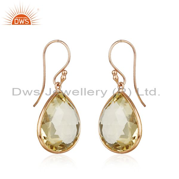Exporter 18K Rose Gold Plated Sterling Silver Lemon Topaz Bezel Set Drop Earrings