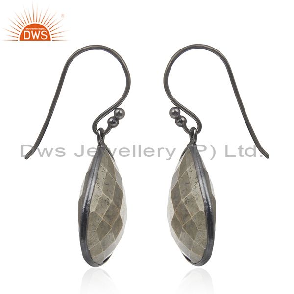 Exporter Oxidized Sterling Silver Faceted Golden Pyrite Bezel Set Dangle Earrings