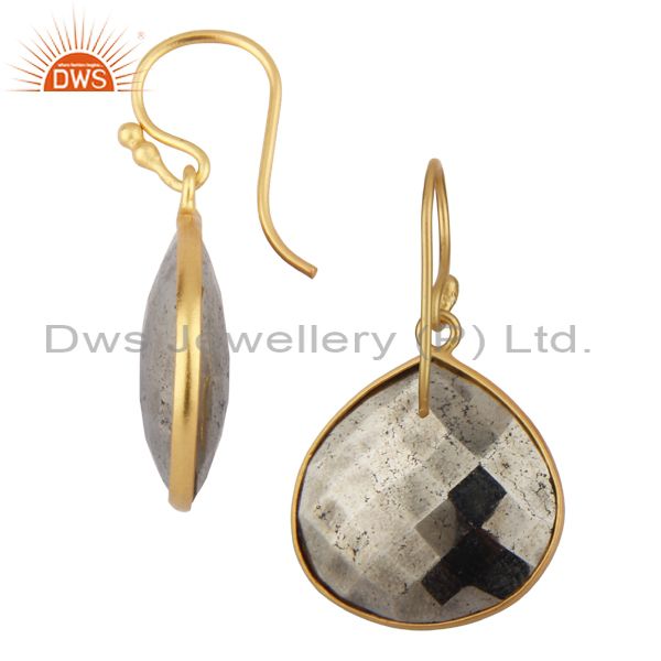 Exporter 14K Yellow Gold Plated Sterling Silver Faceted Pyrite Bezel Set Drop Earrings