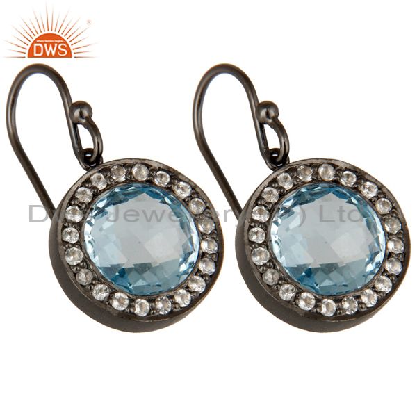 Wholesalers Oxidized Sterling Silver Blue Topaz And White Topaz Halo Dangle Earrings