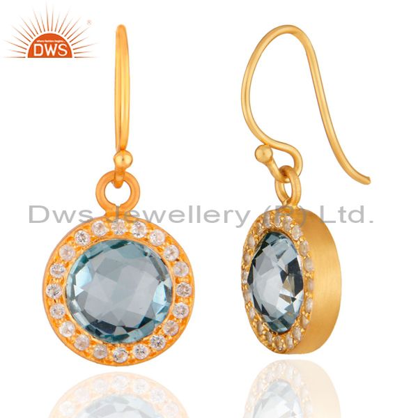 Exporter 14K Yellow Gold Plated Sterling Silver Blue Topaz And White Topaz Halo Earrings
