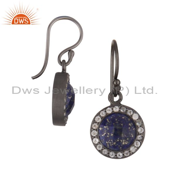 Exporter Oxidized Sterling Silver Lapis Lazuli And White Topaz Halo Style Drop Earrings