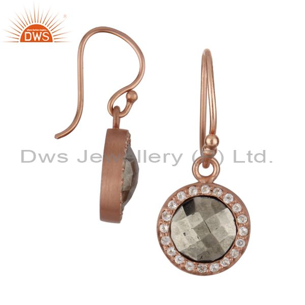 Exporter 18K Rose Gold Plated Sterling Silver Pyrite And White Topaz Halo Earrings