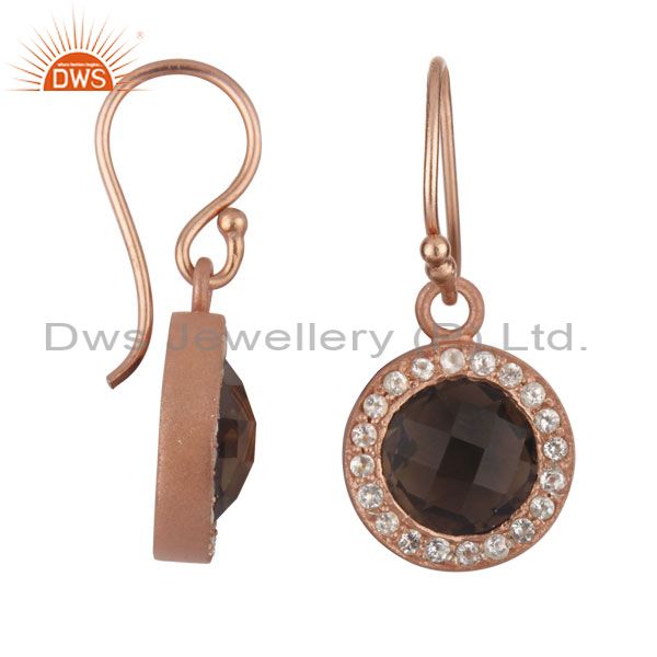 Exporter 18K Rose Gold Plated Sterling Silver Smoky Quartz And White Topaz Halo Earrings
