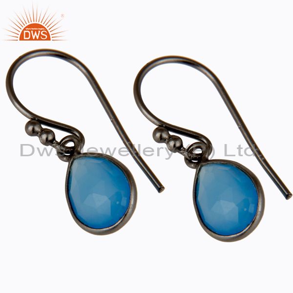 Wholesalers Oxidized Sterling Silver Faceted Blue Chalcedony Bezel Set Teardrop Earrings