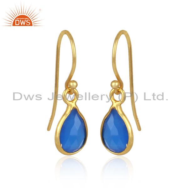 Wholesalers Faceted Dyed Chalcedony Gemstone Sterling Silver Drop Earrings - Gold Plated