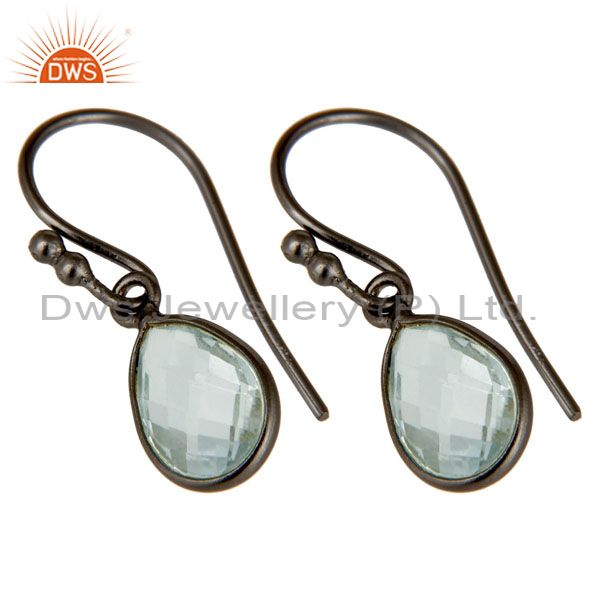 Wholesalers 925 Sterling Silver With Oxidized Blue Topaz Gemstone Bezel Set Dangle Earrings