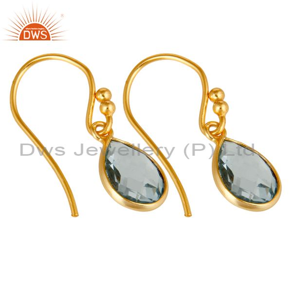Wholesalers 18k Gold Plated Sterling Silver Blue Topaz Gemstone Bezel Set Dangle Earrings