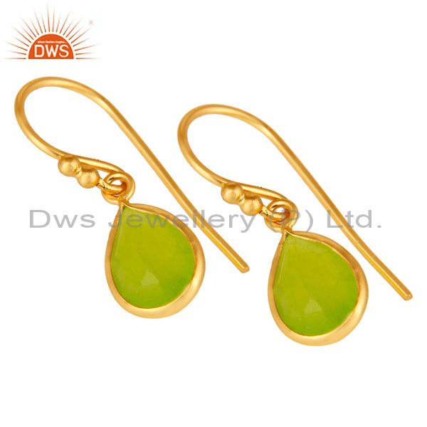 Wholesalers 18K Yellow Gold Plated Sterling Silver Green Chalcedony Bezel Set Dangle Earring